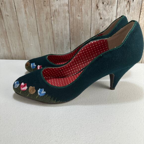 Mod Cloth Heel Pump Shoes Womens 9 Dark Teal Green Tulip Embroidered Floral - Picture 3 of 8